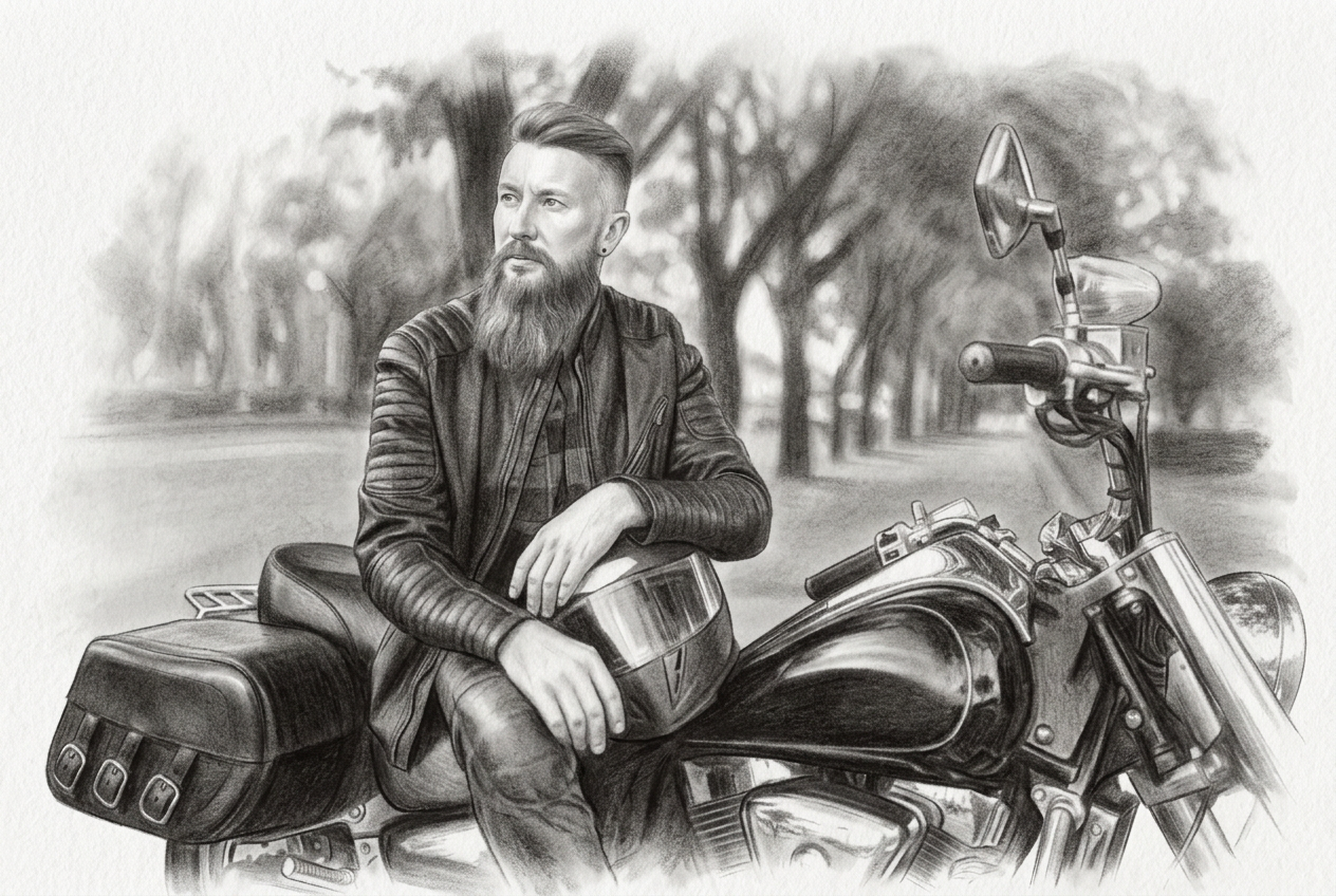 Pencil portrait of a bearded man seated on a motorcycle