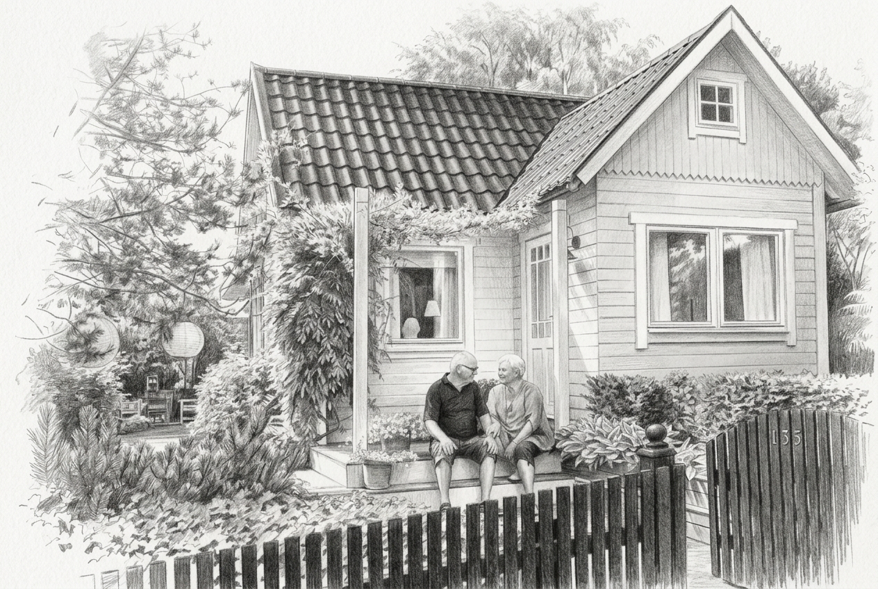 Pencil portrait of a couple seated outside their cottage