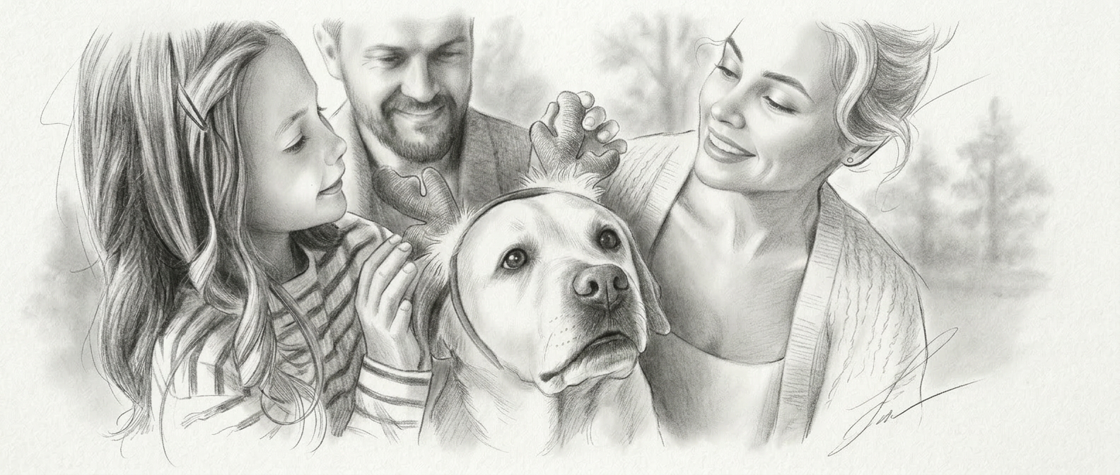 Pencil portrait of a family with their dog wearing antlers
