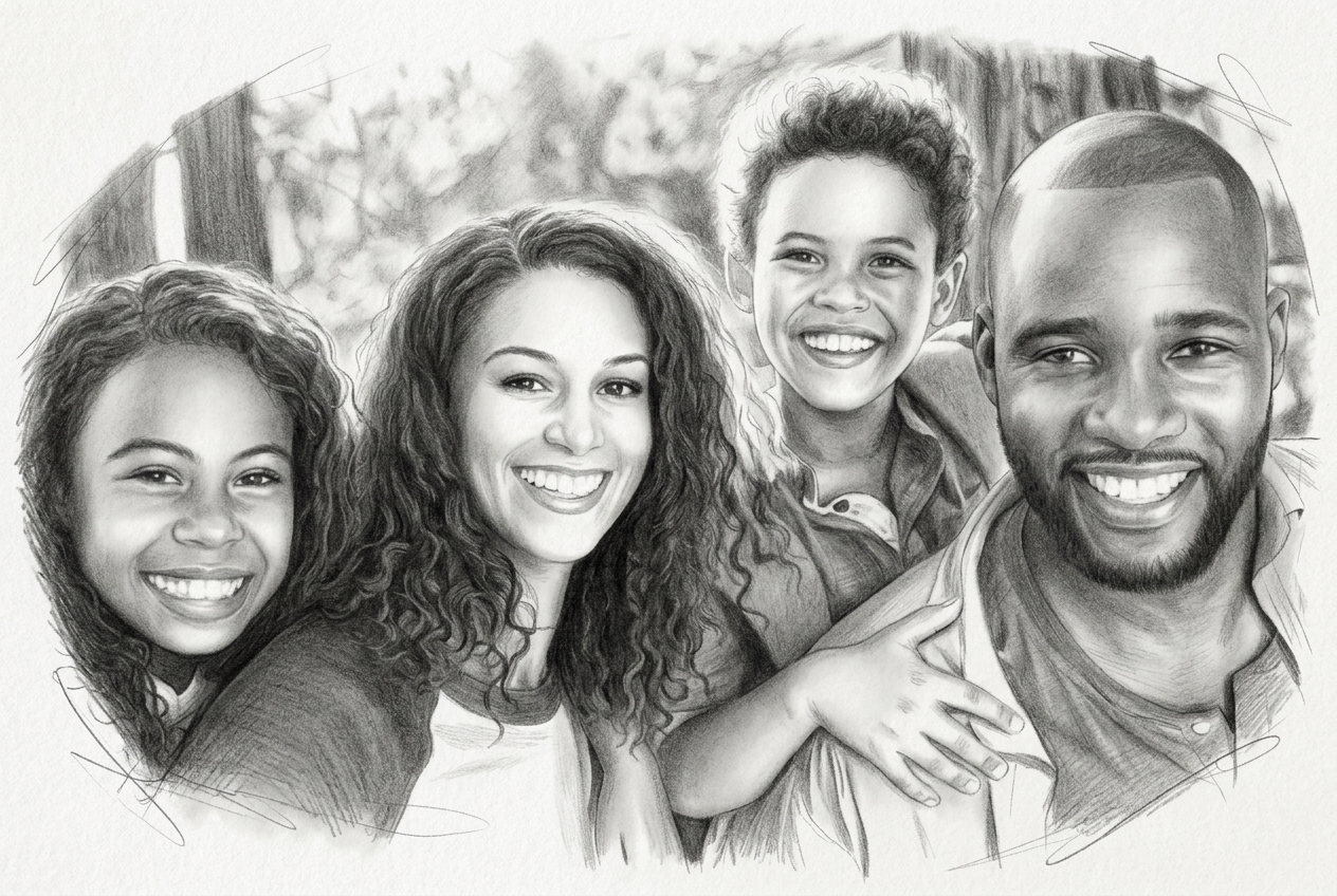 Pencil portrait of a smiling family of four