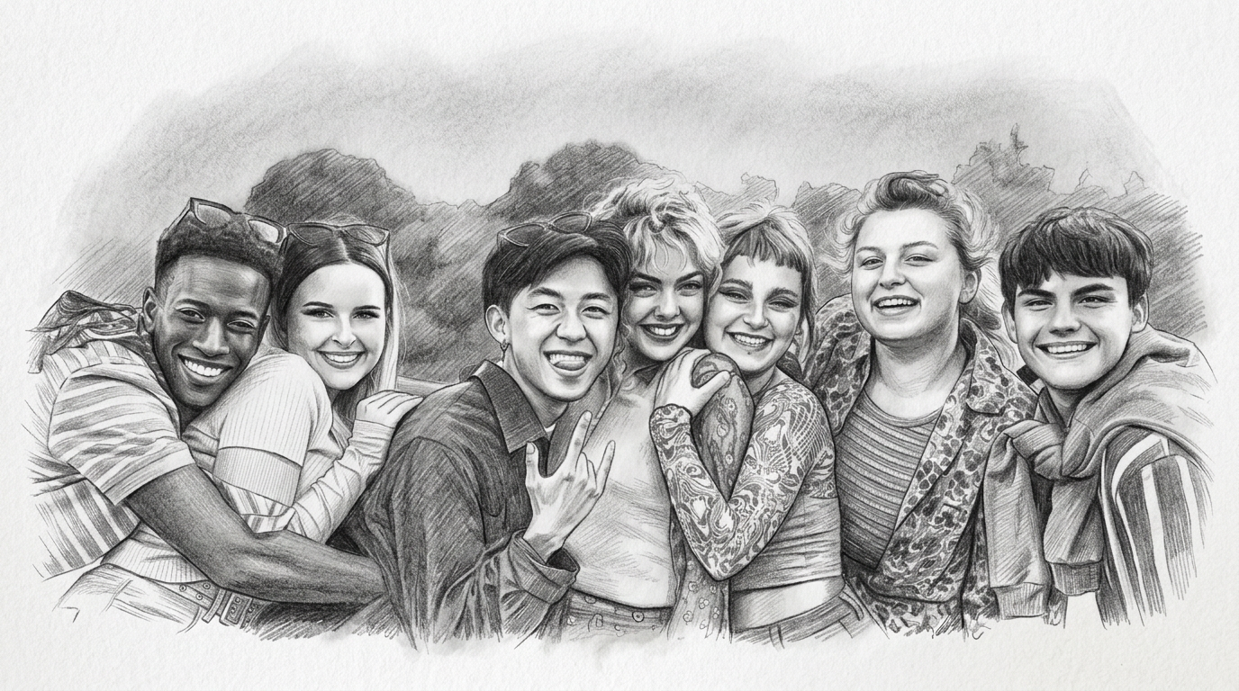 Pencil portrait of a group of seven smiling friends