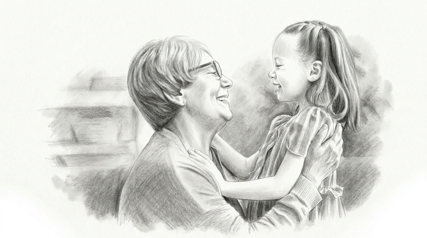 Pencil portrait of a grandmother holding her granddaughter