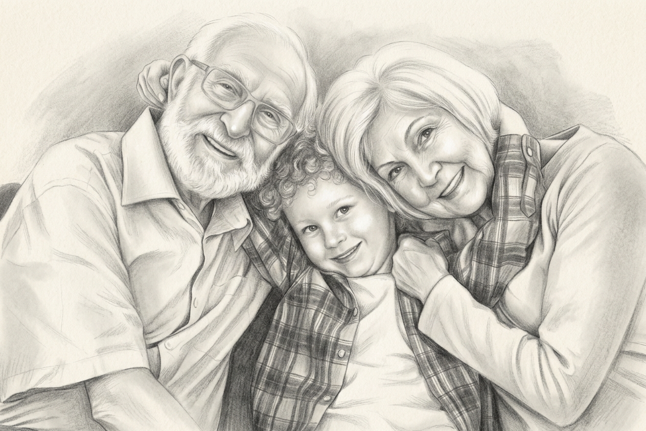 Pencil portrait of grandparents smiling with their grandson