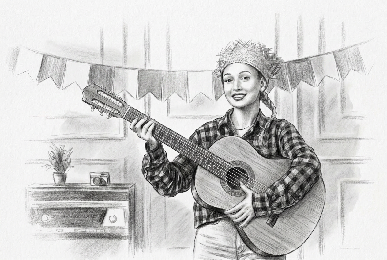 Pencil portrait of a young woman playing acoustic guitar