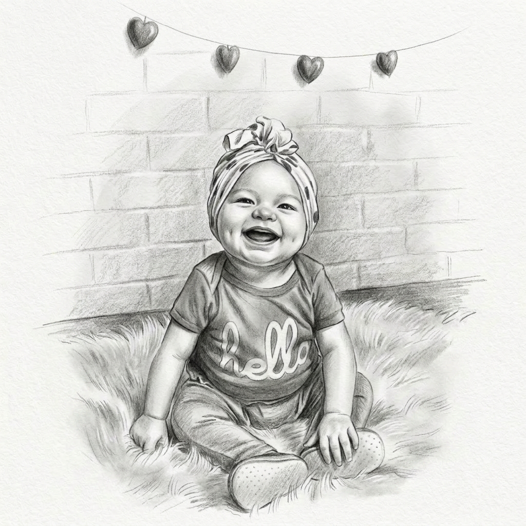 Pencil portrait of a smiling baby seated on a rug