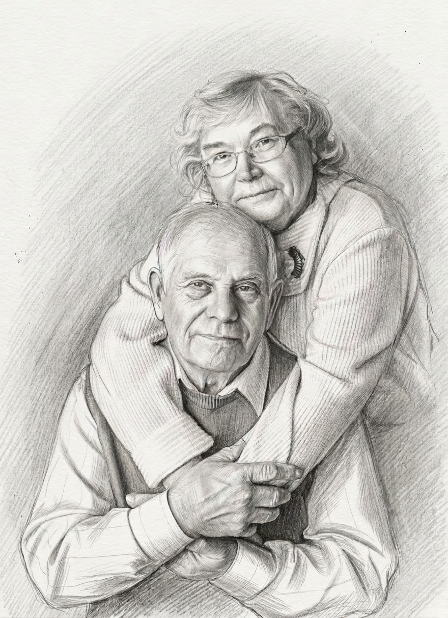 Pencil portrait of an elderly couple in a warm embrace