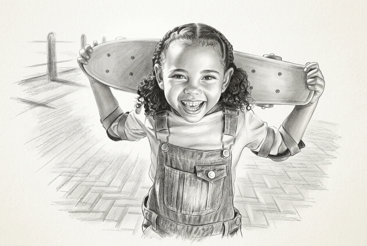 Pencil portrait of a joyful young girl holding a skateboard