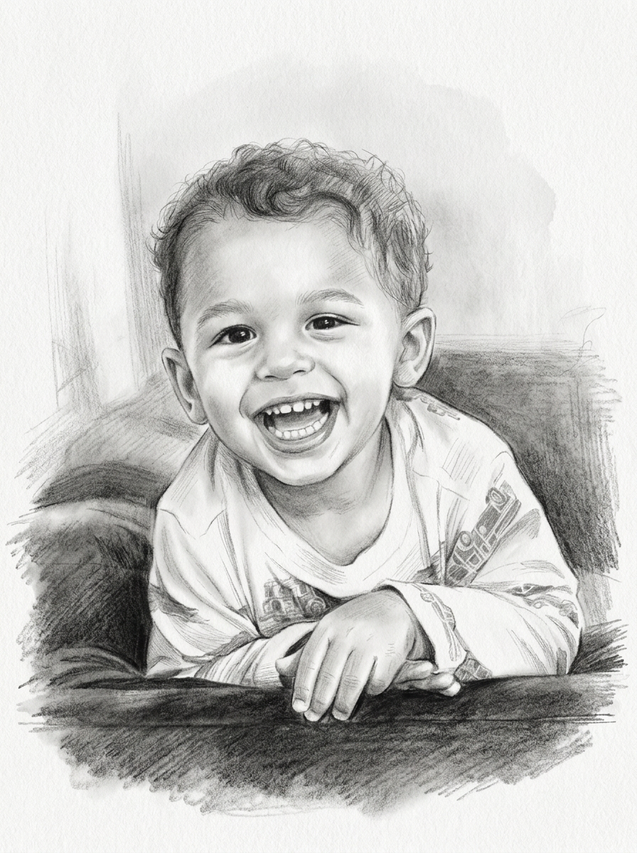 Pencil portrait of a laughing young boy
