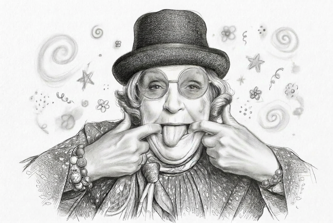 Pencil portrait of a stylish grandmother making a funny face