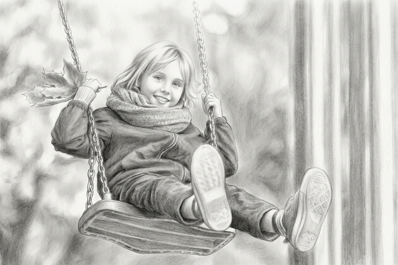 Pencil portrait of a young boy joyfully riding a swing