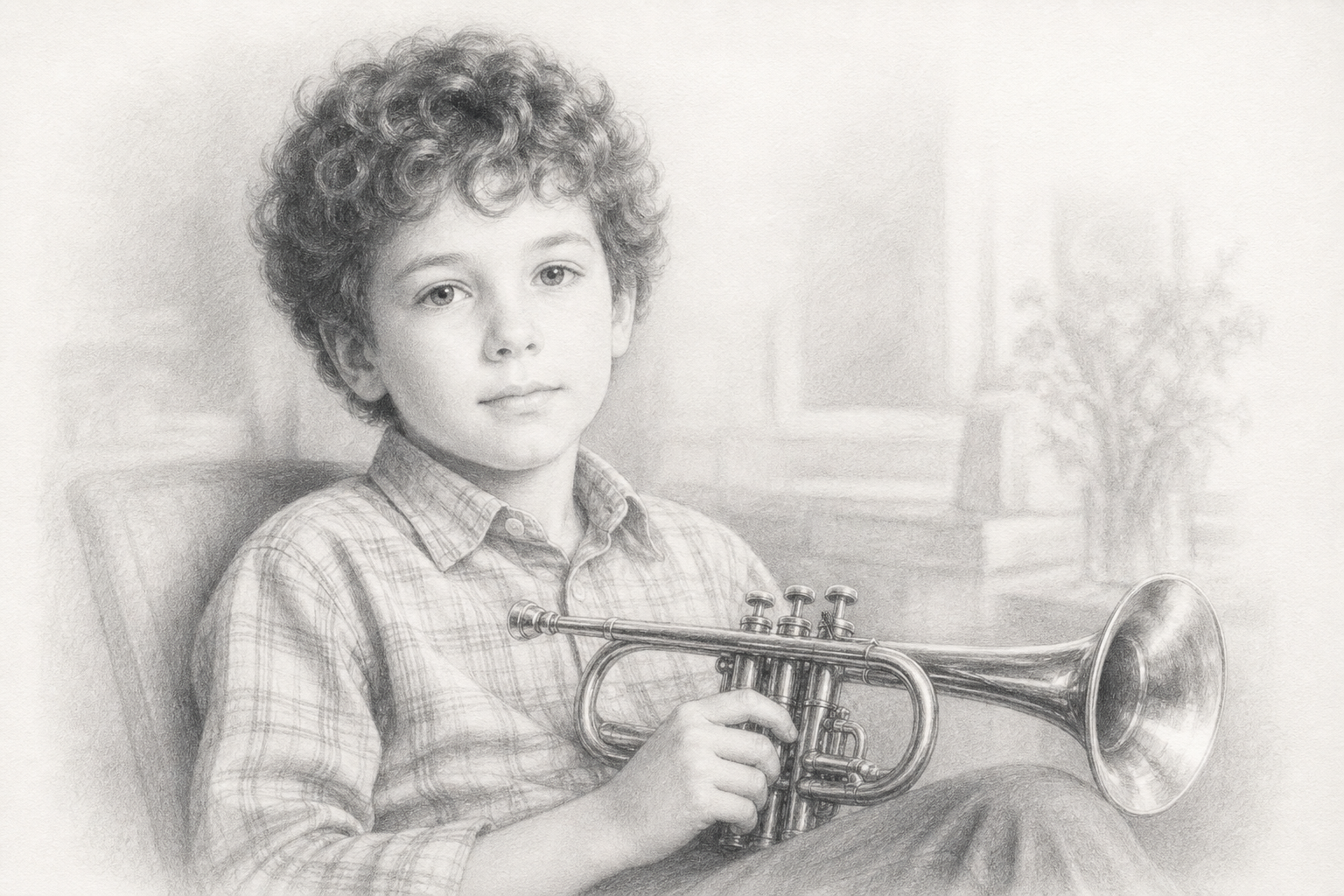 Pencil portrait of a young boy holding a trumpet
