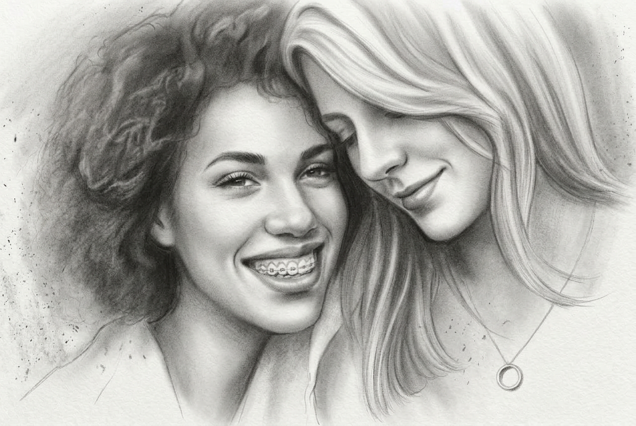 Pencil portrait of two women smiling close together