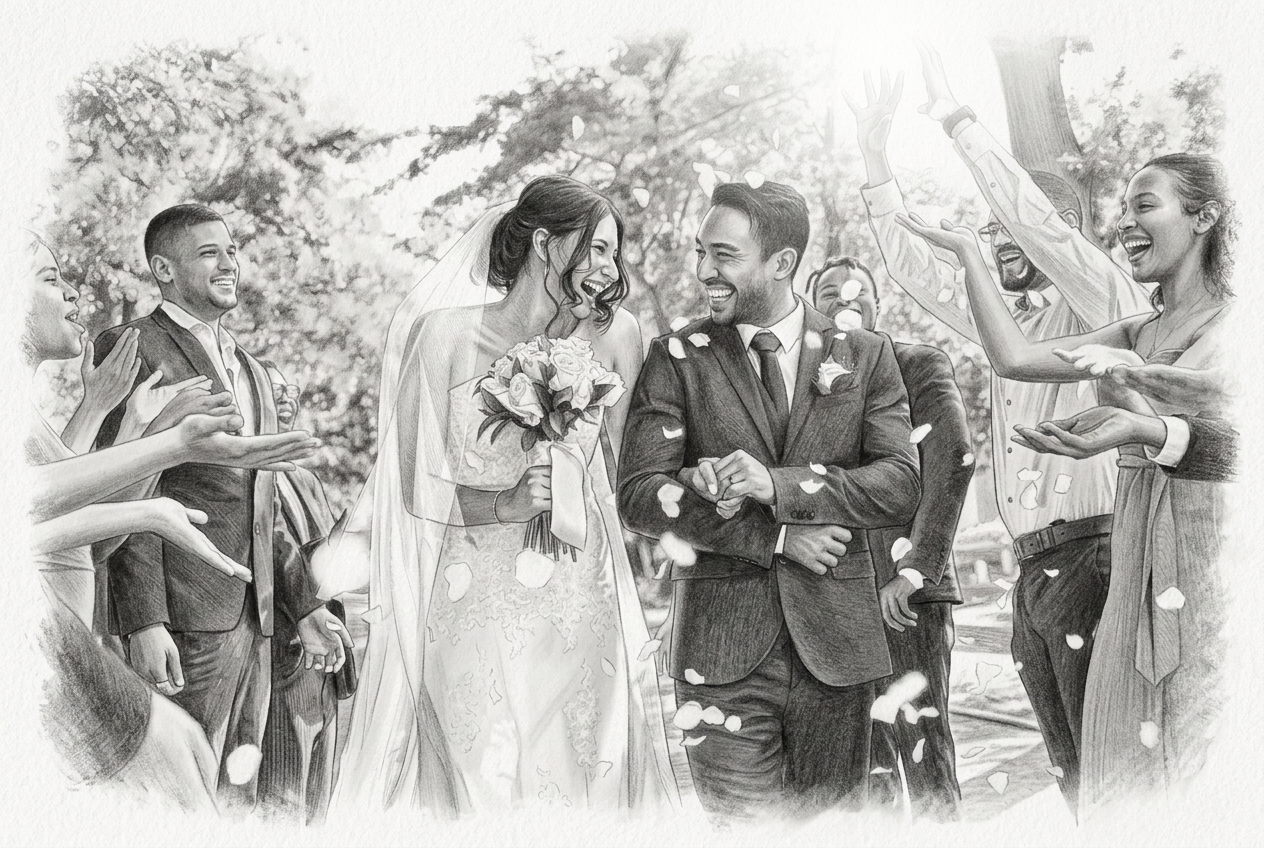 Pencil portrait of a bride and groom celebrating with guests
