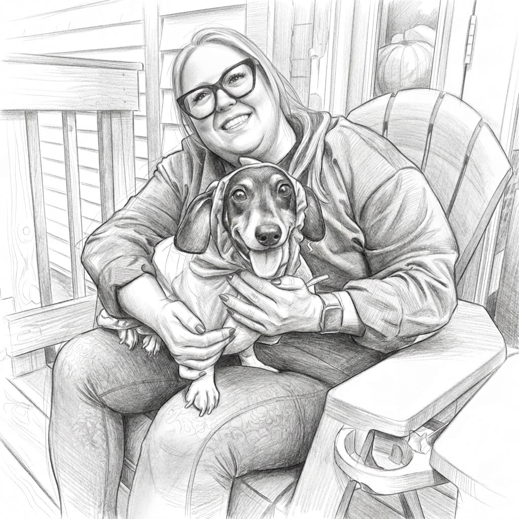 Pencil portrait of a smiling woman holding her dachshund on a porch