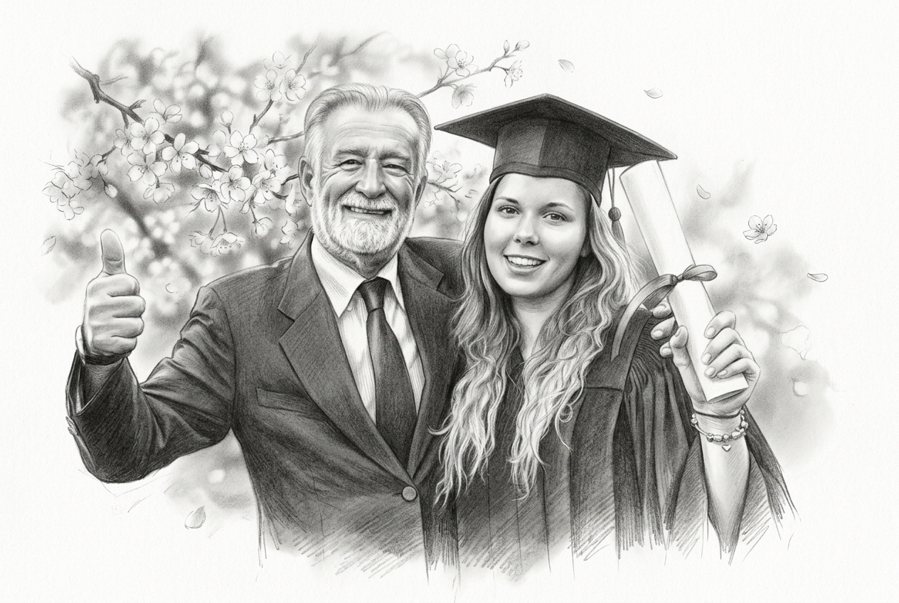 Pencil portrait of a graduate with her father